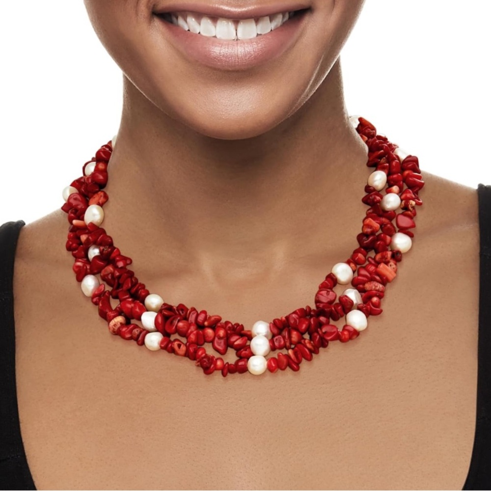 Ross-Simons 4-9mm Red Coral Bead 7-8mm Cultured Pearl 3-Strand Necklace Sterling